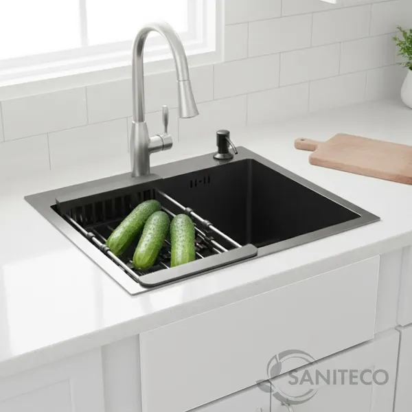 Изображение товара Мойка кухонная со смесителем Saniteco 4848 Nano + Arc (с сифоном, дозатором и коландером)
