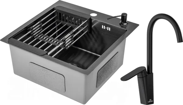 Изображение товара Мойка кухонная со смесителем Saniteco 4848 Nano + Arc (с сифоном, дозатором и коландером)