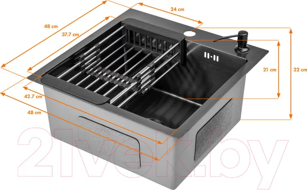 Изображение товара Мойка кухонная со смесителем Saniteco 4848 Nano + Arc (с сифоном, дозатором и коландером)