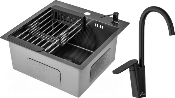 Изображение товара Мойка кухонная со смесителем Saniteco 4848 Nano + Arc (с сифоном, дозатором и коландером)