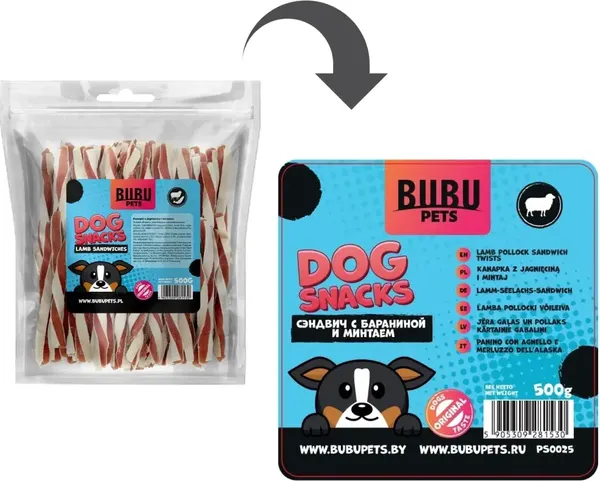 Изображение товара Лакомство для животных Bubu Pets Сэндвич с ягненком и минтаем (500г)