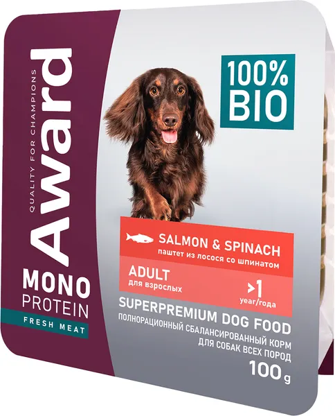 Влажный корм для собак Award Monoprotein Паштет из лосося со шпинатом / 2548870 (100г)