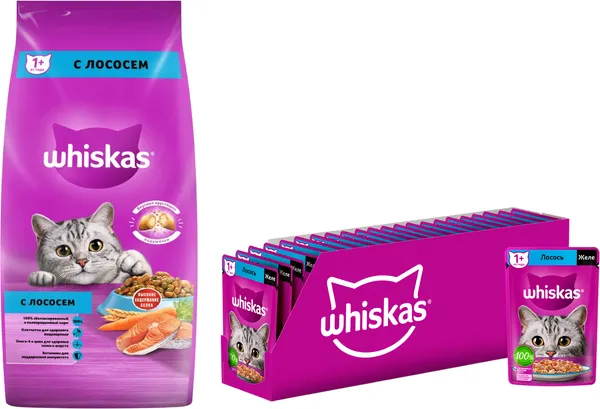 Изображение товара Набор кормов для кошек Whiskas С лососем (5кг+28х85г)