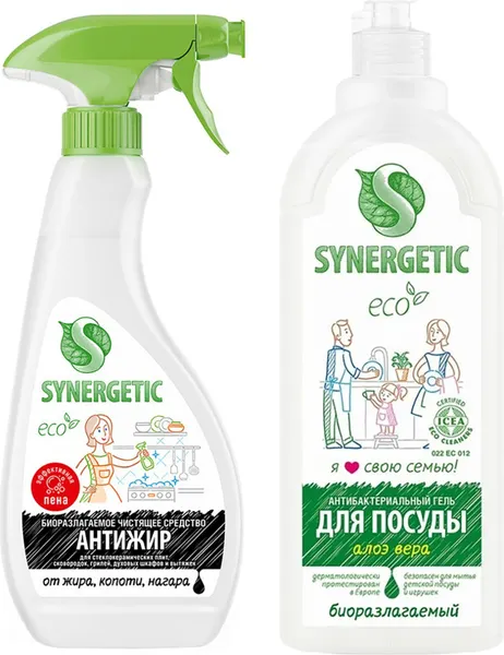 Изображение товара Чистящее средство для кухни Synergetic Антижир + Для мытья посуды Алоэ (500мл+1л)