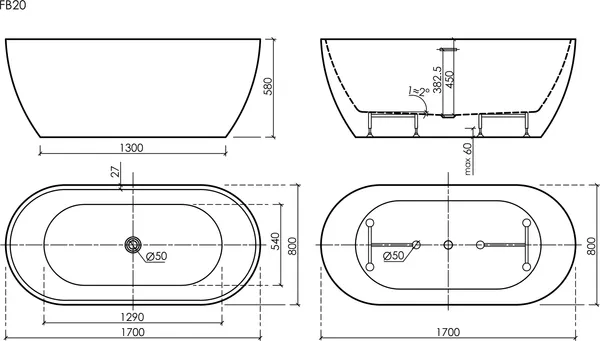 Изображение товара Ванна акриловая Sancos Leaf 170x80x58 / FB20