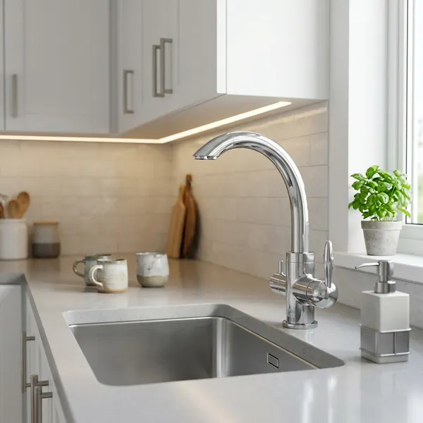 Изображение товара Мойка кухонная со смесителем Saniteco 4848 + Key 21АМ611931 (с сифоном, дозатором и коландером)