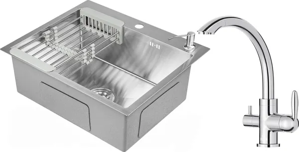 Изображение товара Мойка кухонная со смесителем Saniteco 6050 + Key 21АМ611931 (с сифоном, дозатором и коландером)