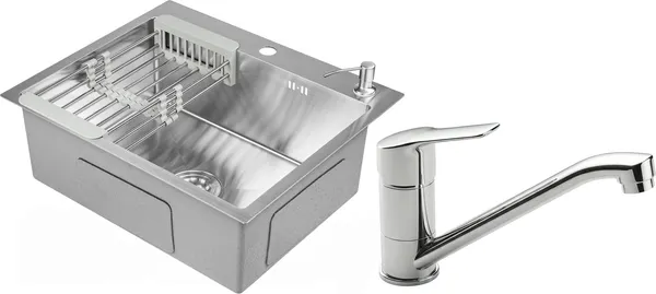Изображение товара Мойка кухонная со смесителем Saniteco 6050 + Forma 21FM05 (с сифоном, дозатором и коландером)