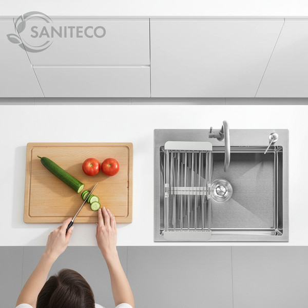 Изображение товара Мойка кухонная со смесителем Saniteco 6050 + Forma 21FM519F (с сифоном, дозатором и коландером)