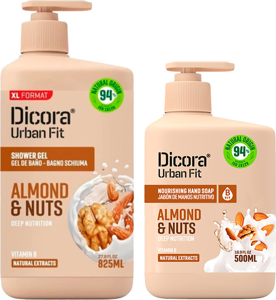 Изображение товара Набор косметики для тела Dicora Almonds & Nuts с витамином В Гель для душа+Мыло жидкое (825мл+500мл)