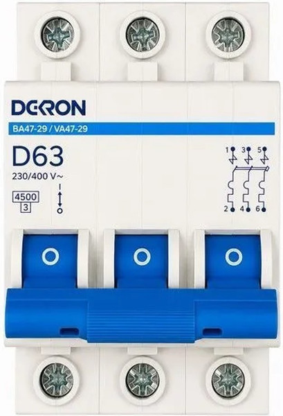 Изображение товара Выключатель автоматический DEKRON ВА47-29 3P D63A 4.5кА / mcb29-3-D63-dek