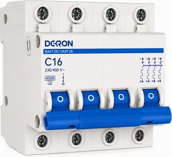 Изображение товара Выключатель автоматический DEKRON ВА47-29 4P C16A 4.5кА / mcb29-4-C16-dek