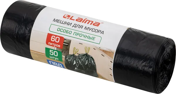 Изображение товара Пакеты для мусора Laima Особо прочные с завязками 60л в рулоне / 702659 (50шт, черный)