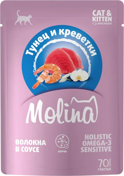 Изображение товара Влажный корм для кошек Molina Тунец с креветками в соусе (70г)