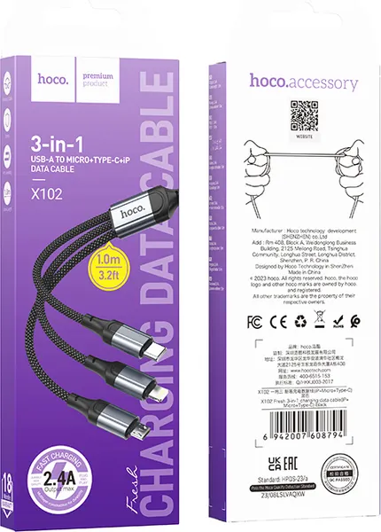Изображение товара Кабель Hoco X102 Fresh 3-в-1 iP+Micro+Type-C (черный)