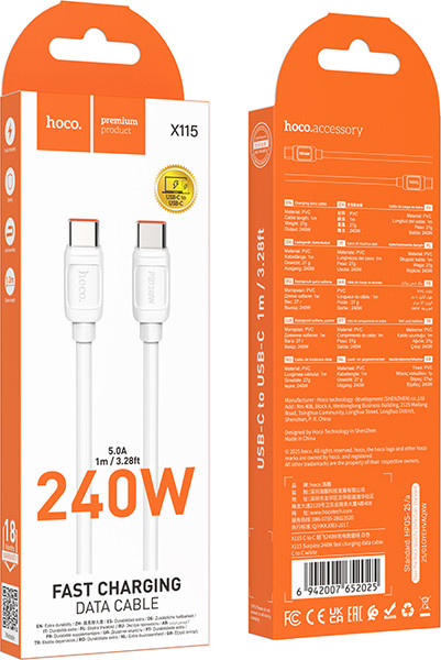 Изображение товара Кабель Hoco X115 Surpass 240W USB-C to USB-C (белый)