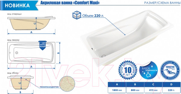 Изображение товара Ванна акриловая МетаКам Comfort Maxi 180x80
