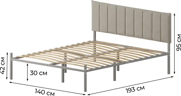 Изображение товара Полуторная кровать Домаклево Металика Б140x190+Г4 (серый/05 крем велюр)