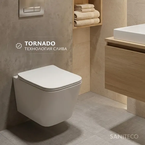 Изображение товара Унитаз подвесной с инсталляцией Saniteco Rimless R-202W + 501 + K01-W (с кнопкой ,белый)