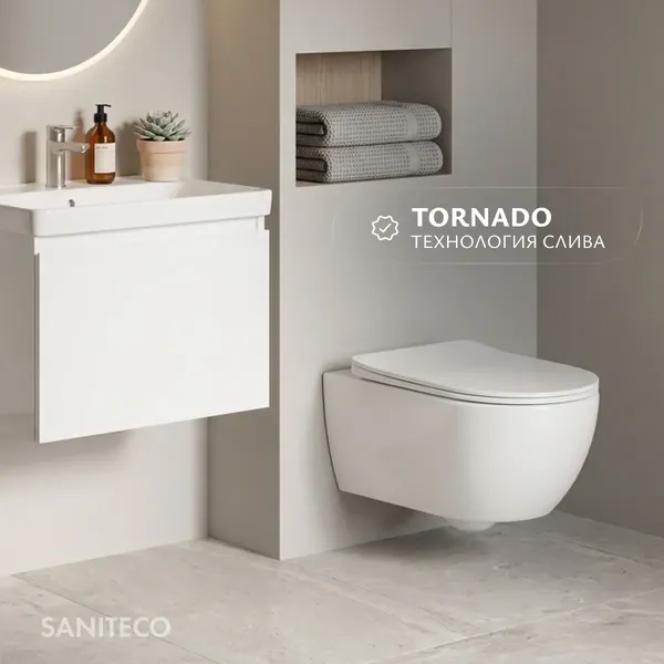 Изображение товара Унитаз подвесной с инсталляцией Saniteco Rimless R-209W + 501 + K01-W (с кнопкой, белый)