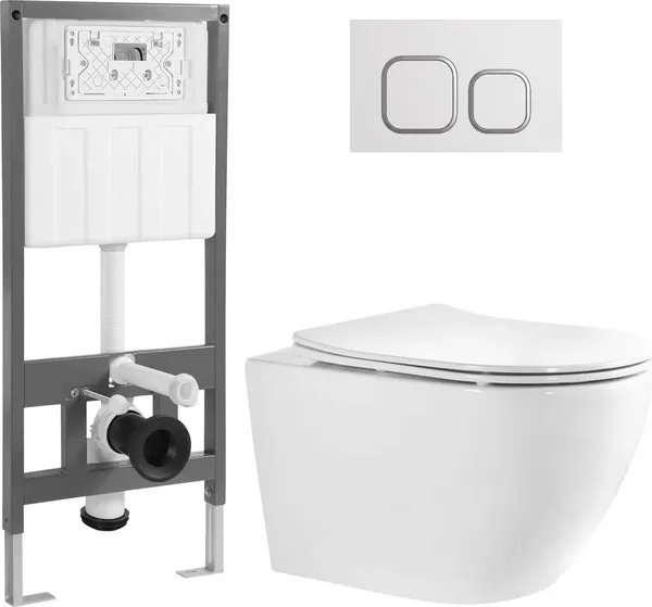 Изображение товара Унитаз подвесной с инсталляцией Saniteco Torando T-203W + 501 + K02-W (с кнопкой, белый)