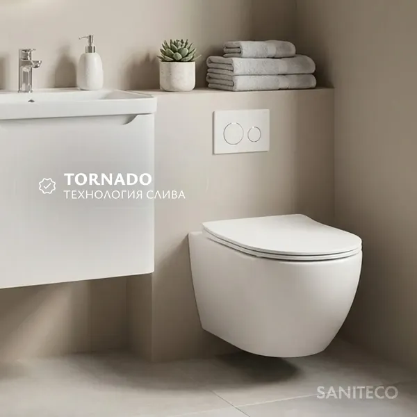 Изображение товара Унитаз подвесной с инсталляцией Saniteco Torando T-203W + 501 + K02-W (с кнопкой, белый)