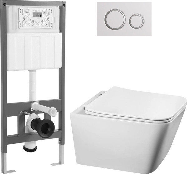 Изображение товара Унитаз подвесной с инсталляцией Saniteco Tornado KW-9004WT + 501 + K01-W (с кнопкой ,белый)