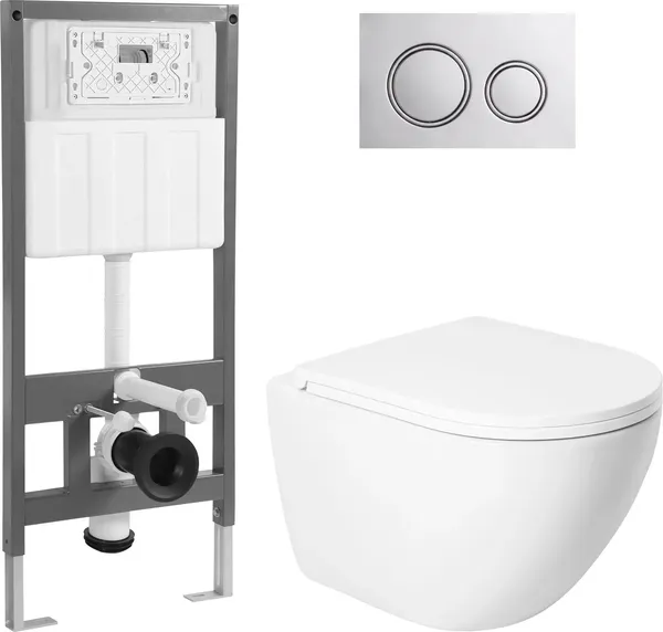 Изображение товара Унитаз подвесной с инсталляцией Saniteco KW-9003WT + 501 + K01-PGG (с кнопкой, хром глянцевый)