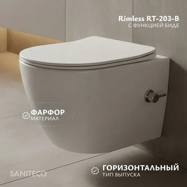 Изображение товара Унитаз подвесной с инсталляцией Saniteco Rimless RT-203-B + 501 + K01-PRG (с функцией биде/кнопка матовое золото)