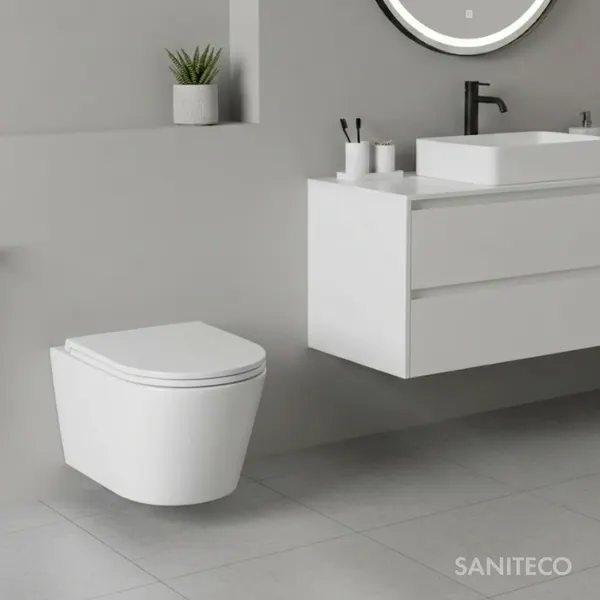 Изображение товара Унитаз подвесной с инсталляцией Saniteco Tornado KW-9005WT + 501 + K01-SB (с кнопкой, черный)