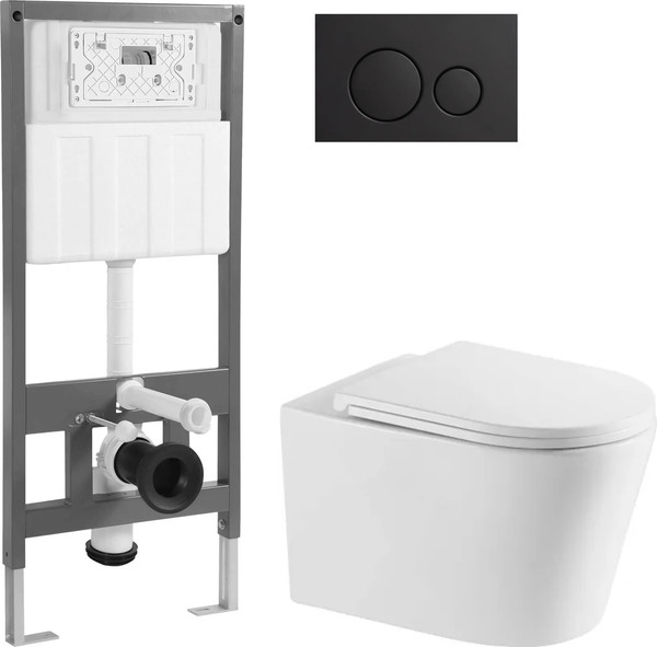 Изображение товара Унитаз подвесной с инсталляцией Saniteco Tornado KW-9005WT + 501 + K01-SB (с кнопкой, черный)