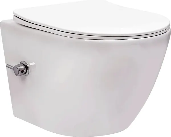 Изображение товара Унитаз подвесной с инсталляцией Saniteco Rimless RT-203-B + 501 + K01-SB (с функцией биде/кнопка черный)