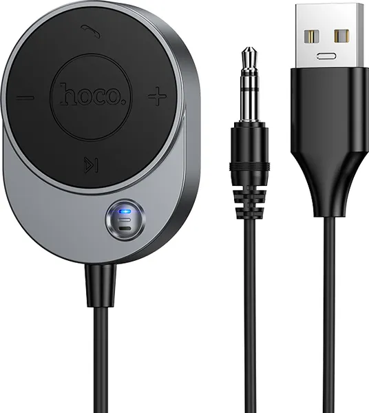 Изображение товара Ресивер автомобильный Hoco E150 Path Bluetooth AUX с кабелем (серый металлик)