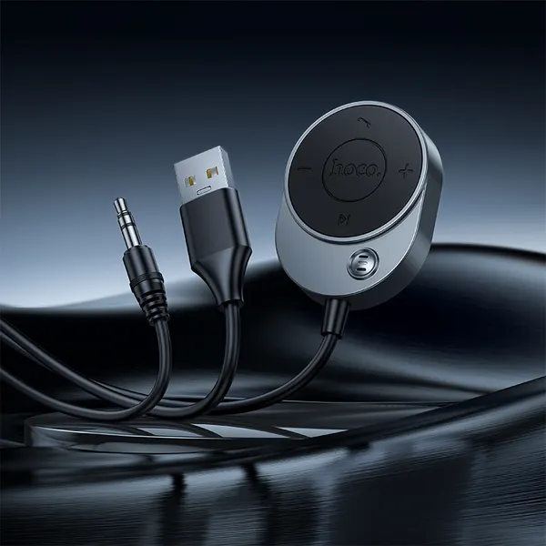 Изображение товара Ресивер автомобильный Hoco E150 Path Bluetooth AUX с кабелем (серый металлик)