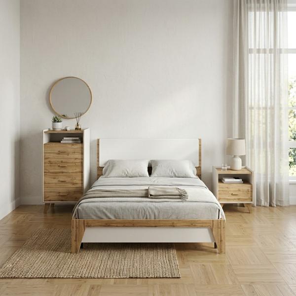 Изображение товара Комплект мебели для спальни ELVA Нодо Двуспальная кровать 160см + Прикроватная тумба + Комод 63см (дуб вотан/белый)