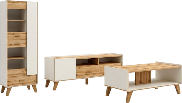 Изображение товара Горка для гостиной ELVA Нодо Шкаф с витриной 63см + Тумба 125см + Журнальный столик (дуб вотан/белый)