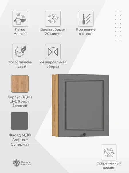 Изображение товара Шкаф навесной для кухни Стендмебель Виола ШВ 600 (асфальт супермат/дуб крафт золото)