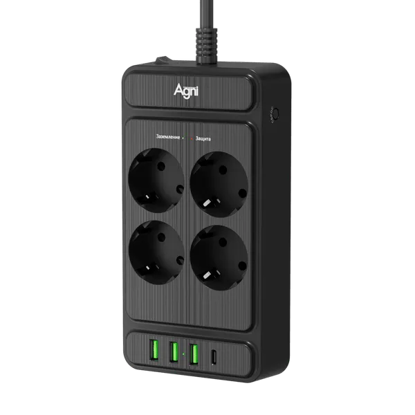 Изображение товара Сетевой фильтр Agni TP-FS4U4E-PD-2m-black (2м, 4 розетки, черный)