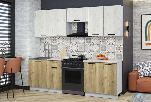 Изображение товара Кухонный гарнитур Interline Мила Optima 60-2.4 (дуб золотой/дуб белый/травертин серый)