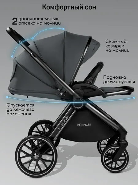 Изображение товара Детская универсальная коляска Amarobaby Phenom 2 в 1 с термолюлькой / AB26-10PHENOM/10 (графит)