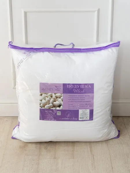 Изображение товара Подушка для сна ADELIS Шелк 65x65x5 на молнии / П-245 (тик, 1800г леб.пух, сумка)