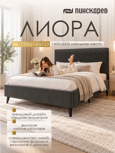 Изображение товара Двуспальная кровать Пинскдрев Лиора (темно-серый)