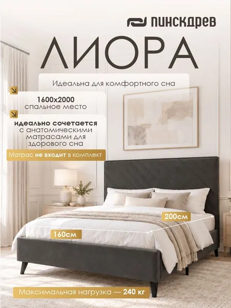 Изображение товара Двуспальная кровать Пинскдрев Лиора (темно-серый)