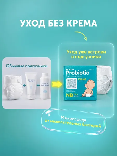 Изображение товара Подгузники детские Lovular Probiotic NB 0-4кг (15шт)