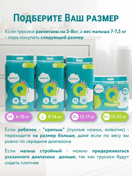 Изображение товара Подгузники-трусики детские Lovular Q M 6-10 кг (56шт)
