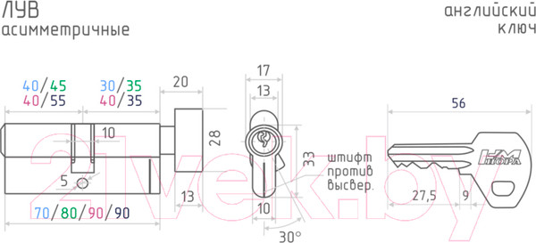 Изображение товара Цилиндровый механизм замка Нора-М ЛУ-90 55/35 (латунь)
