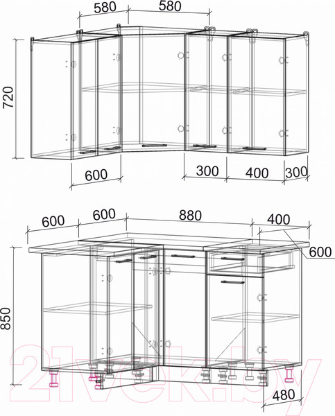 Изображение товара Кухонный гарнитур Интерлиния Мила Лайт 1.2x1.3 (бетон портленд/бетон портленд/дуб бунратти)
