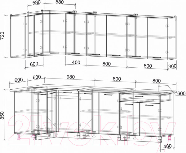 Изображение товара Кухонный гарнитур Интерлиния Мила Лайт 1.2x2.6 (белый платинум/белый платинум/дуб бунратти)