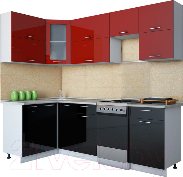 Изображение товара Кухонный гарнитур Интерлиния Мила Gloss 50-12x24 (бордовый/черный глянец)