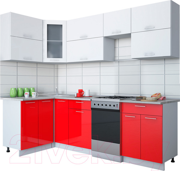 Изображение товара Кухонный гарнитур Интерлиния Gloss 50-12x25 (белый/красный глянец)